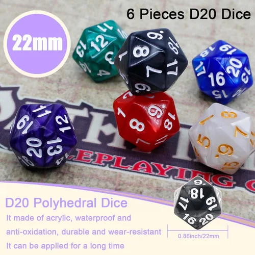 Miniatura 6 de Handan 6 Piezas D20 Dados Poliédricos, Dados DND de 20 Caras, Dados Grandes de Perla de 22mm Mezcla de Colores, Conjunto de Dados D&D de 20 Caras