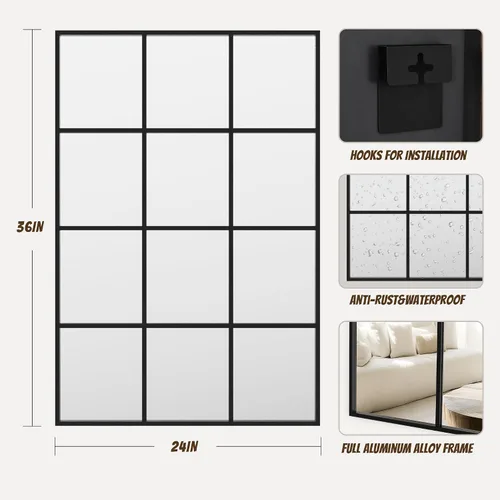 Miniatura 8 de Antok Espejo de pared, espejo decorativo de ventana de 24 x 36 pulgadas, espejo de pared con marco de metal, colgante o inclinado para sala