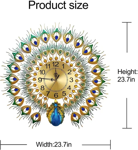 Miniatura 2 de Reloj de pared grande de estilo lujoso, estilo pavo real, de 23.7 pulgadas, sin tictac, silencioso, de cristal acrílico, decoración moderna y Azul