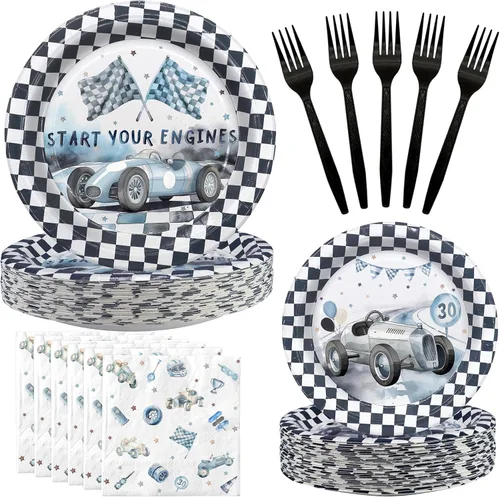 Recuerdos y suministros para fiesta de cumpleaños de autos de carreras, juego de vajilla con platos, servilletas y tenedores