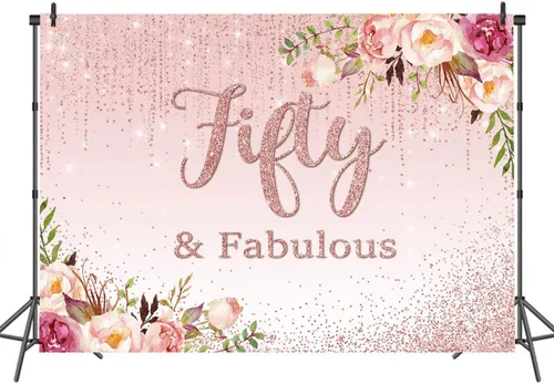 Miniatura 3 de Mocsicka Fifty Fabulous - Telón de fondo floral con puntos dorados para fotografía de cumpleaños 50 para mujeres, de vinilo, para retratos, cabina