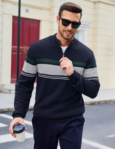 Miniatura 26 de MAGCOMSEN Suéteres de algodón con cremallera de 1/4 para hombre, suéter tipo polo, a rayas, para otoño e invierno, sudaderas cálidas