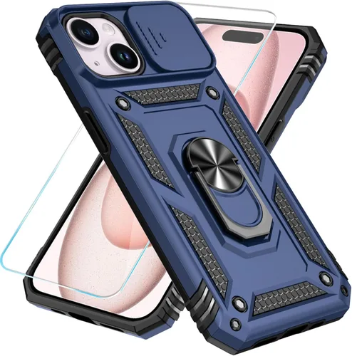 Miniatura 17 de SunStory Funda compatible con iPhone 15 con protector de pantalla HD, cubierta de cámara deslizante y soporte de anillo giratorio, [grado militar]