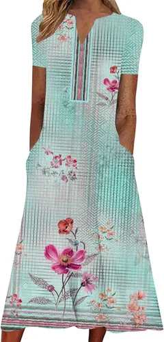 Dress for Women Summer Casual Flowy Dress Split V Neck Short Sleeve Floral Print Pocket Midi Dresses