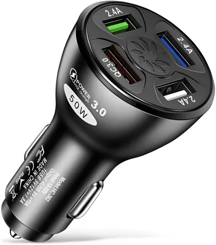 Ankuee Cargador de coche USB, 4 puertos de 50 W con carga QC 3.0 súper rápida, adaptador de cargador USB para encendedor de cigarrillos, accesorios