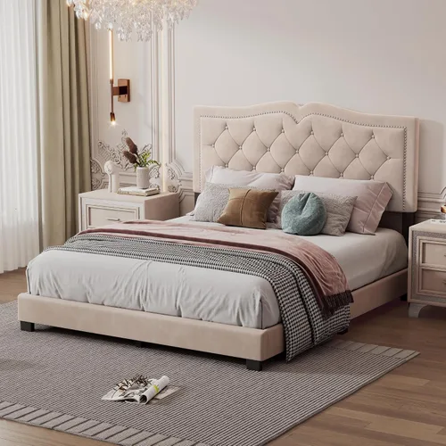 Miniatura 3 de Marco de cama de terciopelo tamaño Queen, cabecera capitonada con alas de canal vertical, cama con plataforma tapizada, listones de madera fuertes