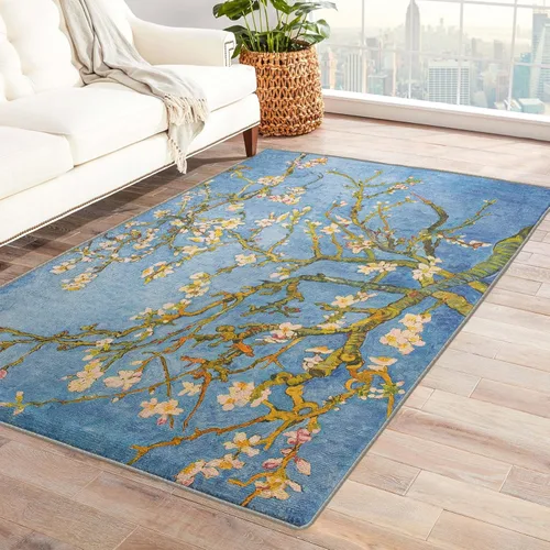 Alfombra con diseño de flor de almendra de 2 x 3 pies, alfombra de pintura al óleo para entrada, sala de estar, dormitorio, alfombra impresionista,