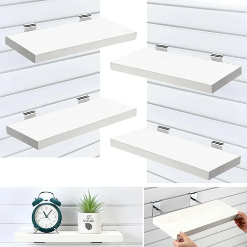 Miniatura 10 de Landical Juego de 4 estantes flotantes de madera para pared, estantes de pared de listones blancos con ganchos de metal, accesorios para sala