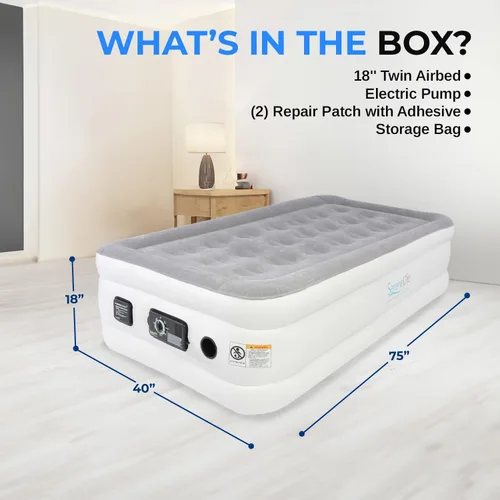 Miniatura 8 de SereneLife Colchón de aire tamaño individual con tecnología ComfortCoil incorporada y bomba interna de alta capacidad Parte superior de colchón