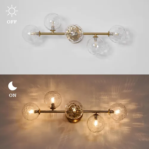 Miniatura 4 de Luminarias de Espejo de Tocador de Baño: Aplique de Pared de Baño Regulable de 5 Luces - Luces de Tocador de Latón Dorado con Pantalla de Vidrio
