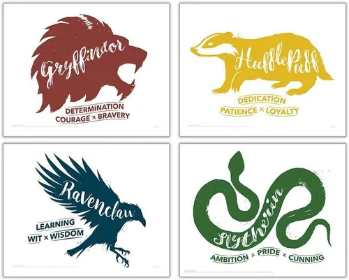 Miniatura 10 de Harry Potter - Banderas de la casa de Hogwarts - Gryffindor - Slytherin - Ravenclaw - Hufflepuff - Diseño geométrico - Juego de cuatro arte de pared