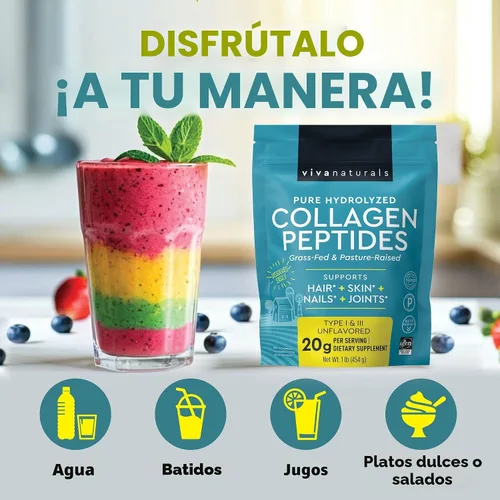 Miniatura 3 de Viva Naturals Polvo de péptidos de colágeno – Bovino hidrolizado alimentado con pasto, tipo I y III, 0.49 oz de proteína, sin sabor, fácil