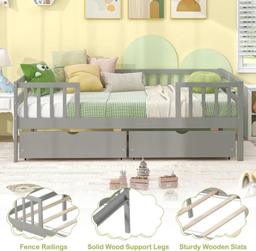 Miniatura 8 de Giantex Cama individual para niños con cajones de almacenamiento, cama Montessori de madera con rieles y estante lateral, sofá cama baja para niños