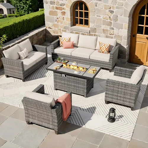 Miniatura 35 de ovios Juego de muebles de patio de 6 piezas, sillas giratorias de mimbre para exteriores con mesa para fogatas de 30 pulgadas, juego de mecedoras