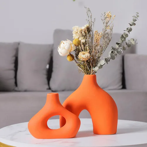 CEMABT Juego de 2 jarrones de cerámica naranja para decoración bohemia minimalista moderna, jarrones redondos mate en forma de dona para hierba de