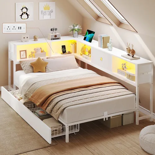 Miniatura 12 de DICTAC Marco de cama esquinero con 2 cajones de almacenamiento y cabecero de estantería individual XL, marco de cama de plataforma de metal con Negro