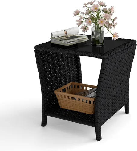 Miniatura 2 de kinbor Mesa pequeña para exteriores – Mesa auxiliar de mimbre para exteriores con estante de almacenamiento para patio, balcón y porche, ratán