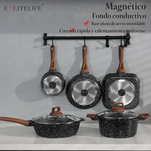 Miniatura 7 de ESLITE LIFE Juego de utensilios de cocina antiadherentes, 12 piezas de ollas y sartenes con revestimiento de granito, juego de cocina, compatible