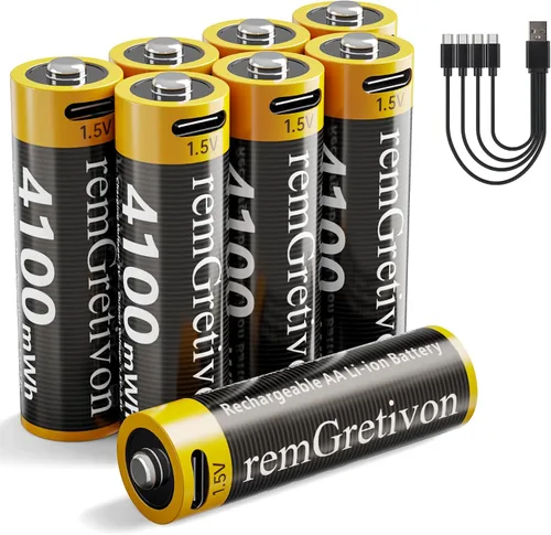 Miniatura 11 de Paquete de 4 baterías AA recargables USB C, batería de iones de litio de salida constante de 4100 mWh, 1.5 V, carga rápida de 2.5 horas