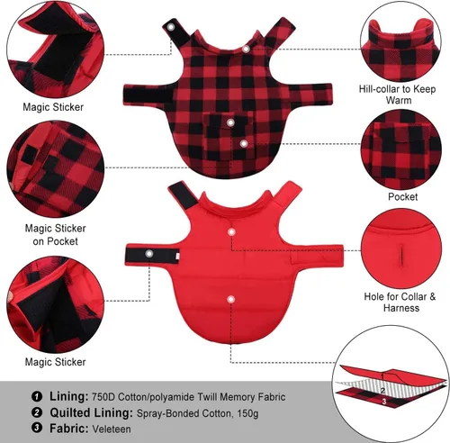 Miniatura 2 de ASENKU - Abrigo de invierno para perros, diseño a cuadros reversible, impermeable, para climas fríos, para perros pequeños, medianos y grandes Rojo