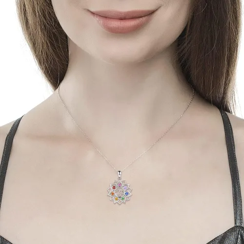 Miniatura 4 de Chakra Yoga Lotus Flower Necklace 925 Sterling Silver Om Ohm Symbol Crystal Pendant Necklace Spiritual Jewelry Gift for Women Girls
