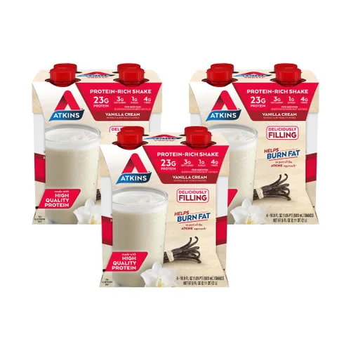 Atkins Batido de proteína tamaño comida con crema de vainilla, 23 g de proteína, bajo en glucemia, 3 g de carbohidratos, 1 g de azúcar, amigable con
