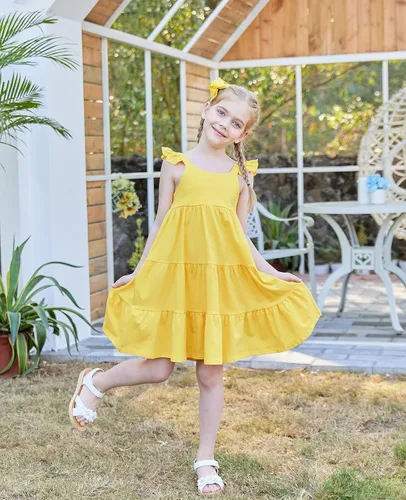 Miniatura 3 de Vieille Vestido de verano para niñas pequeñas, con volantes, sin mangas, casual, vestido de playa, escalonado, vestido de princesa para 2-8 años