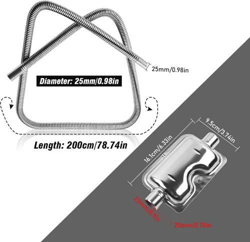 Miniatura 2 de 200cm/78" Tubo de escape para calentador diesel con silenciador y abrazaderas, manguera de 1"/2.5cm de acero inoxidable para calentador de aire