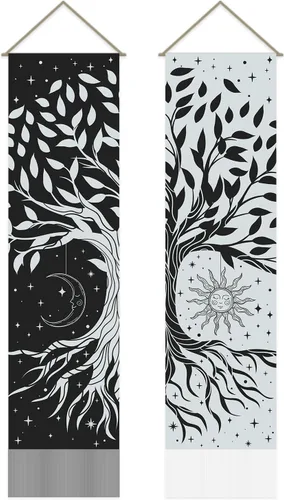 Miniatura 16 de AHANDMAKER 2 tapices de flores y hojas, tapiz de sol y luna, psicodélico largo vertical para colgar en la pared, tapices de estética botánica, tapiz