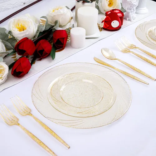 Miniatura 5 de Supernal Juego de 180 piezas de cubiertos de plástico dorados. Cubiertos de plástico duraderos en color dorado con brillo para fiestas. Cubiertos