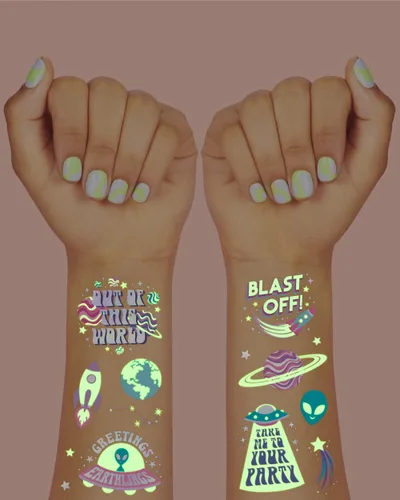 Miniatura 7 de xo, Fetti Space + Planets - Tatuajes temporales que brillan en la oscuridad para niños, 50 piezas, suministros de fiesta de cumpleaños