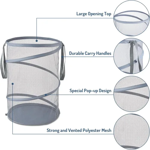 Miniatura 4 de Cesta plegable de malla para ropa sucia de 115 litros, cesta plegable de almacenamiento de ropa de gran capacidad con asas, 26 pulgadas de alto x 18