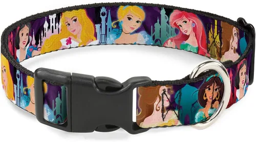 Collar de perro Clip de plástico Disney Princess Poses Castle Siluetas Púrpura Multicolor 9 a 15 pulgadas 1.0 pulgadas de ancho
