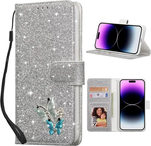 Miniatura 11 de UEEBAI Funda tipo cartera para iPhone 11, funda de piel sintética con purpurina para teléfono, ranuras para tarjetas, funda con función atril