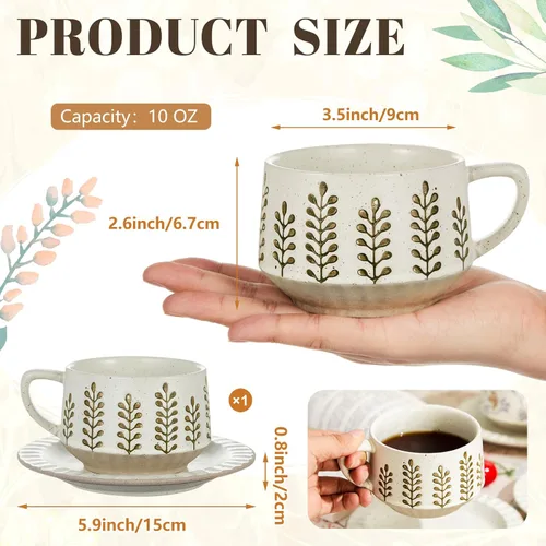 Miniatura 2 de LemonRoad Juego de tazas de té y platillo vintage, tazas de café de porcelana de 10 onzas con platillo para café con leche, moca, capuchino, tazas