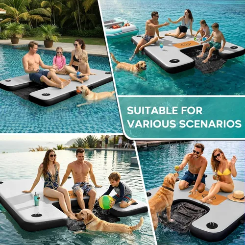 Miniatura 5 de AWEMUFA Muelle flotante inflable con rampa de 5 pies/6 pies/8 pies/10 pies, plataforma flotante flotante, tapete flotante de isla flotante, flotador