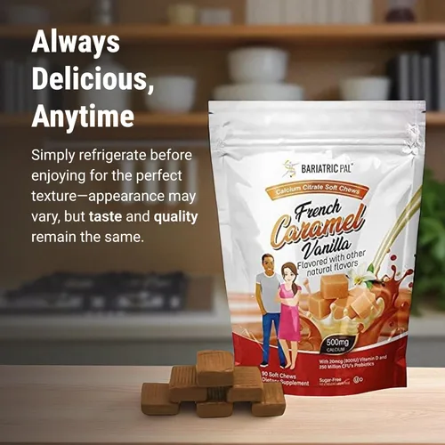Miniatura 7 de BariatricPal Masticables suaves de citrato de calcio sin azúcar, 500 mg con probióticos (90 unidades) - vainilla de caramelo francés