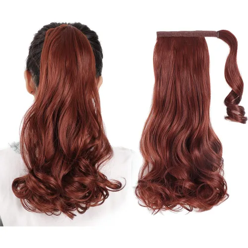 Miniatura 16 de Extensiones de cabello para cola de caballo, extensión de cola de caballo roja de 16 pulgadas, corta, ondulada, rizada, envolvente, cola de caballo