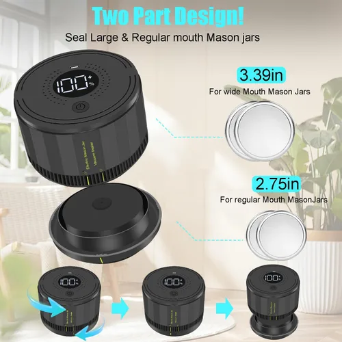 Miniatura 6 de Sellador al Vacío Eléctrico para Frascos Mason, Kit de Sellador al Vacío para Frascos Mason con Parada Automática para Tapas de Boca Ancha y Boca
