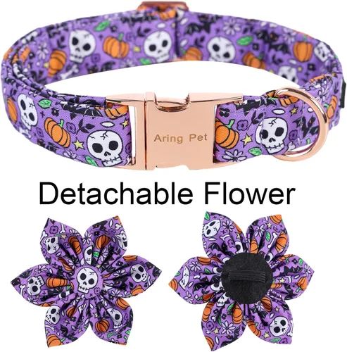 Miniatura 4 de ARING PET Collar de Halloween para perro, lindo collar de calabaza para perro con flor, algodón morado calavera murciélago collar de perro collar
