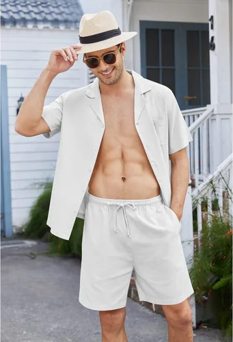 Miniatura 2 de COOFANDY Camisas de lino de manga corta con botones para hombre, conjunto corto hawaiano de playa de 2 piezas