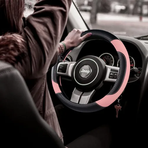 Miniatura 2 de Funda de cuero para volante de auto, protector antideslizante para volante de auto de cuero de microfibra transpirable, ajuste universal para la Rosa
