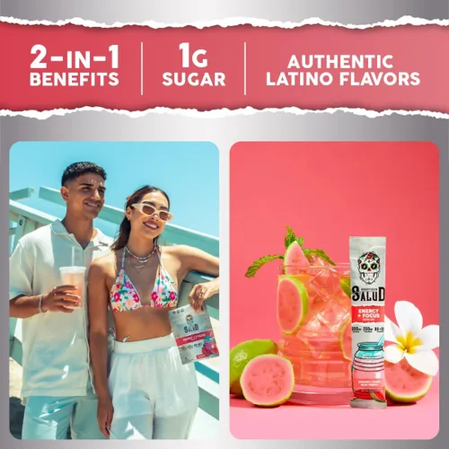 Miniatura 2 de Salud 2-en-1 Polvo de Bebida Energética + Enfoque, Guayaba, Cafeína Orgánica, B6 + B12, Teanina, Paquetes de Bebida Energética Limpia, Mezcla