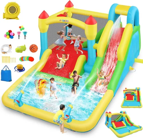 Miniatura 8 de AKEYDIY Tobogán acuático inflable de doble carril, tobogán acuático de rebote para niños de 3 a 12 años, parque acuático con tobogán de carreras