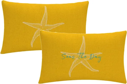 Miniatura 9 de Juego de 2 fundas de almohada con diseño de mar y estrella de mar sobre fondo azul marino, rectangular, para la cintura, diseño de mar costero