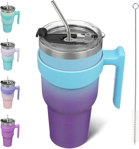 Miniatura 42 de BJPKPK Vaso con asa de acero inoxidable de 20 onzas, con aislamiento de doble pared, con tapa y pajita, color rosa claro A-rosa claro