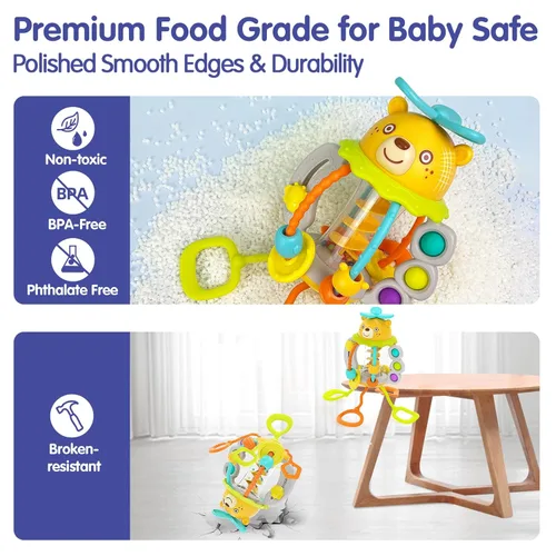 Miniatura 5 de Juguetes Montessori HOLA para niños de 1 año, juguetes para dentición con sonajero para bebés de 0-6 y 6-12 meses, juguetes sensoriales de silicona