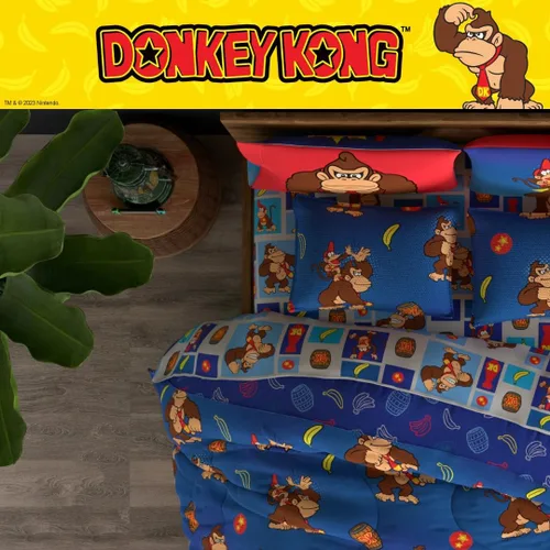 Miniatura 7 de Franco - Juego de ropa de cama coleccionable Nintendo Donkey Kong, 7 piezas, edredón reversible supersuave y juego de sábanas con funda, tamaño Rojo
