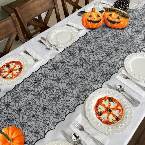 Miniatura 6 de Camino de mesa de Halloween, tela de araña de encaje negro, para decoración de Halloween, fiesta, decoración de mesa de comedor, 18 x 72 pulgadas