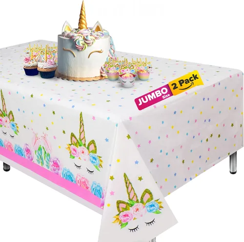 Lifestyle - Paquete de 2 manteles desechables de unicornio extragrandes de 108 x 54 pulgadas para fiesta de cumpleaños, baby shower y decoración de
